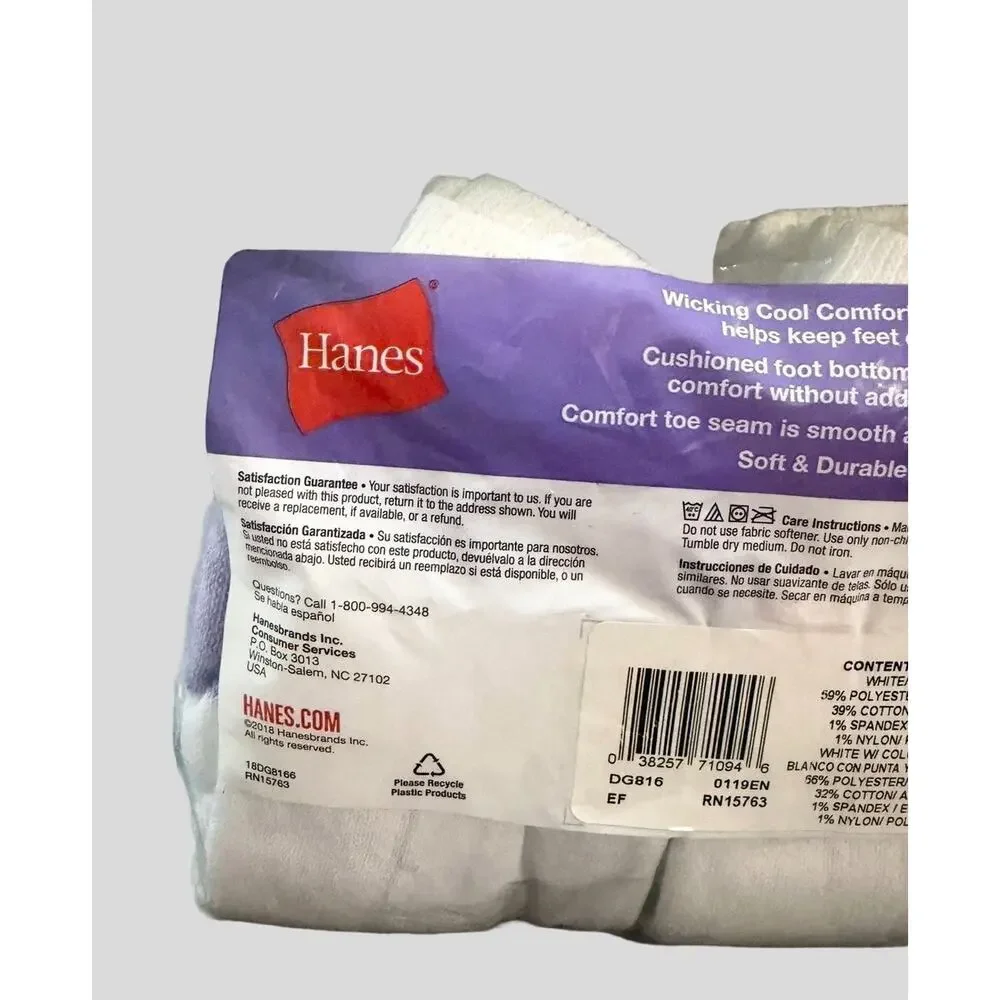 Hanes Womens Ankle Socks 6 Pair Size 5-9 White Cushioned Moisture Wicking NEW